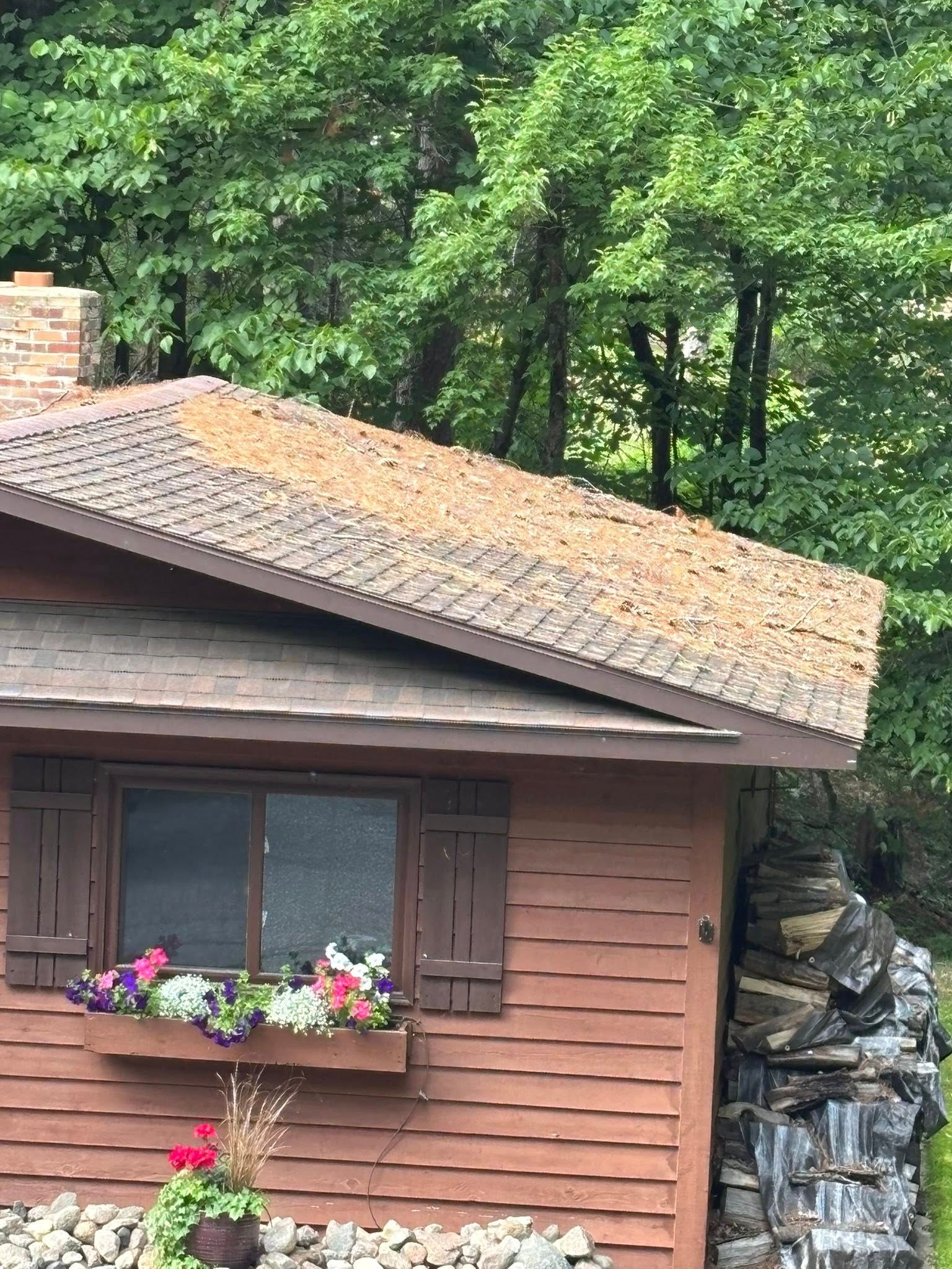 A brown cabin with a shingled roof covered in dried leaves, a window flower box, and a stone chimney among trees.