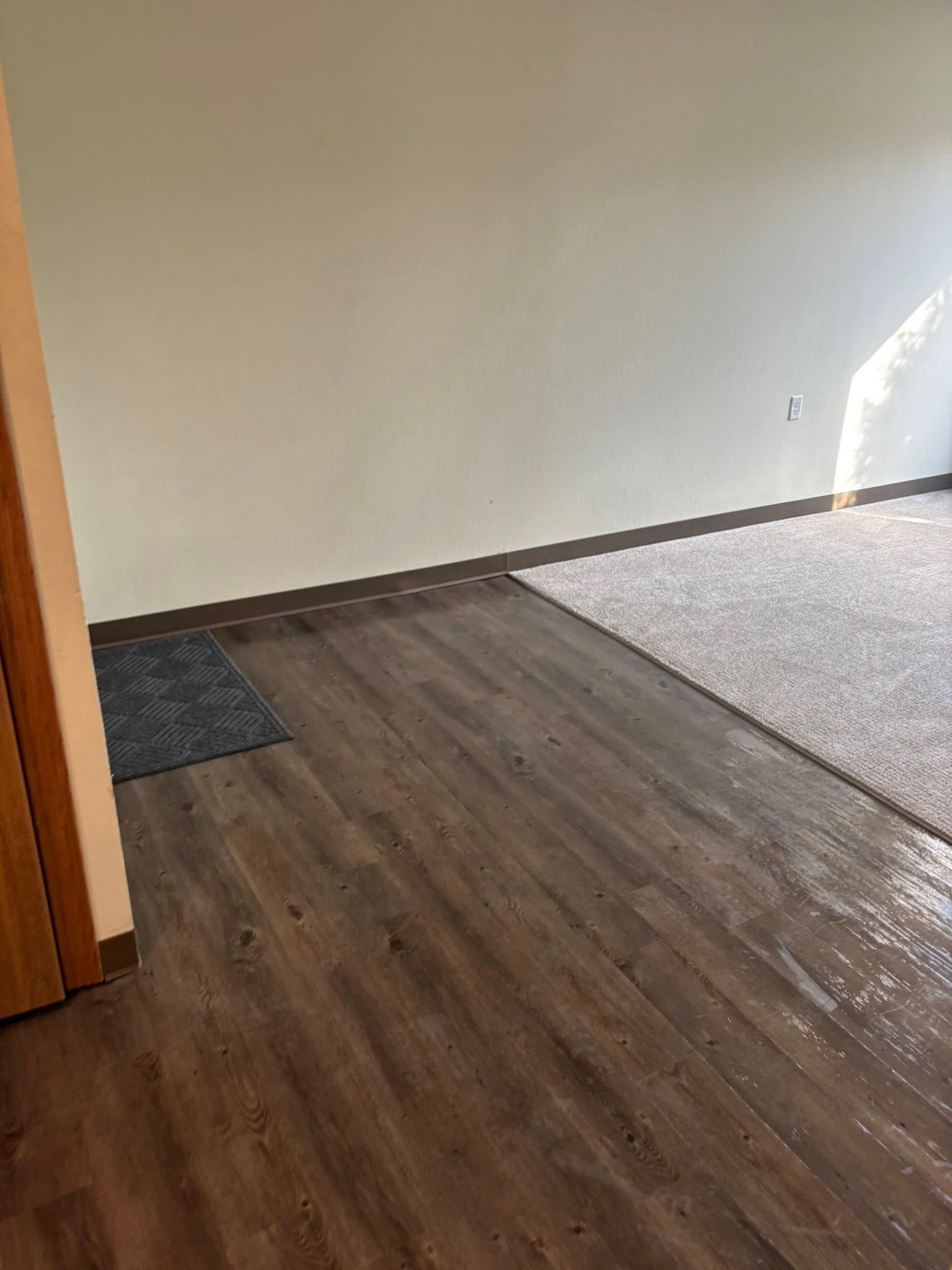 A room interior featuring brown wood-look flooring adjacent to a gray carpeted area, separated by a straight transition.