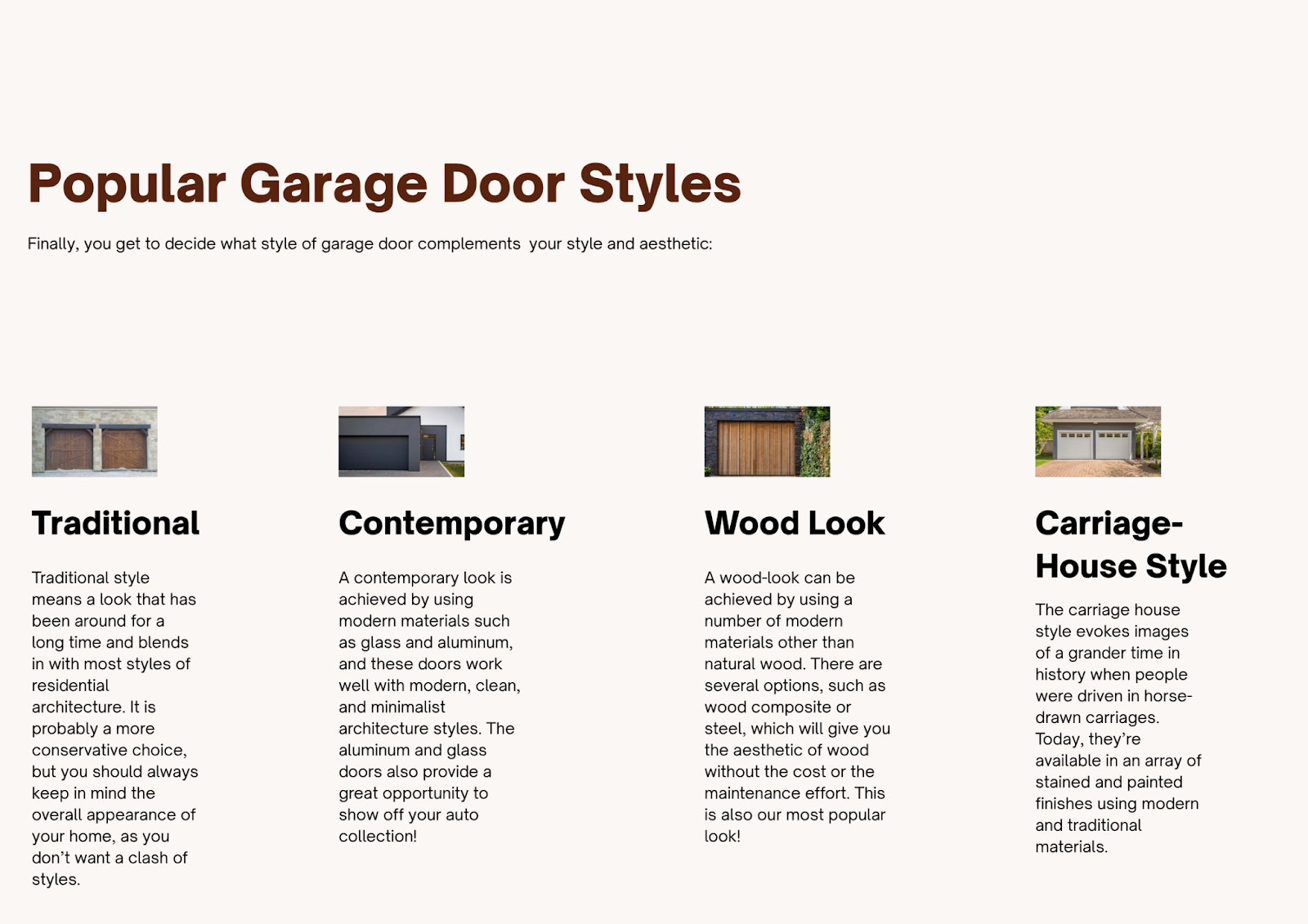 Popular garage door styles graphic showing traditional, contemporary, wood-look and carriage-house options