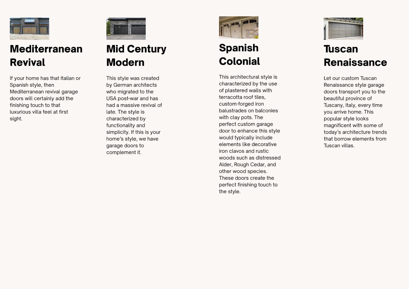 Garage door style guide comparing Mediterranean revival, mid-century modern, Spanish colonial and Tuscan designs