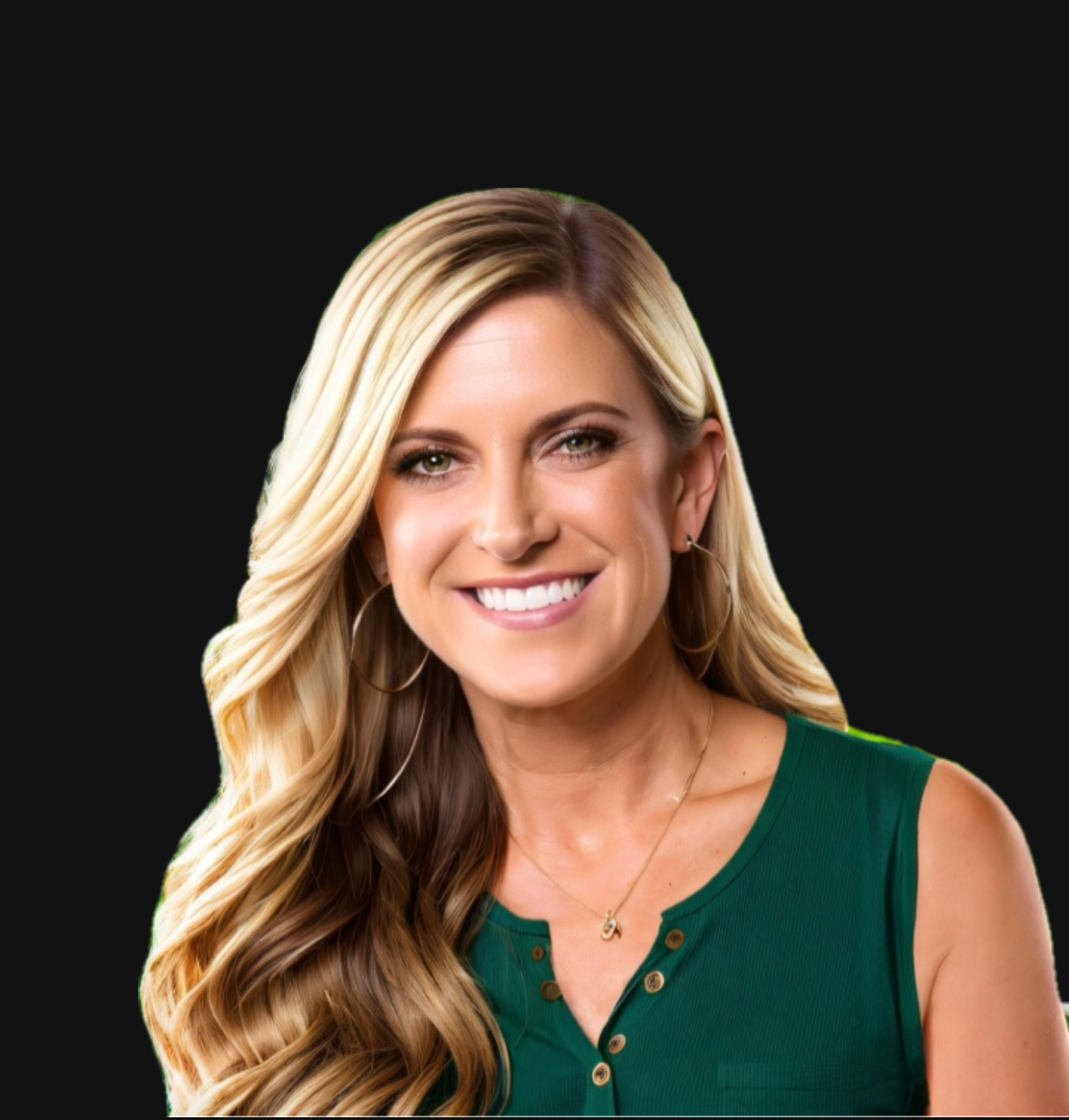 Smiling woman with long blonde hair in a green sleeveless top against a black background