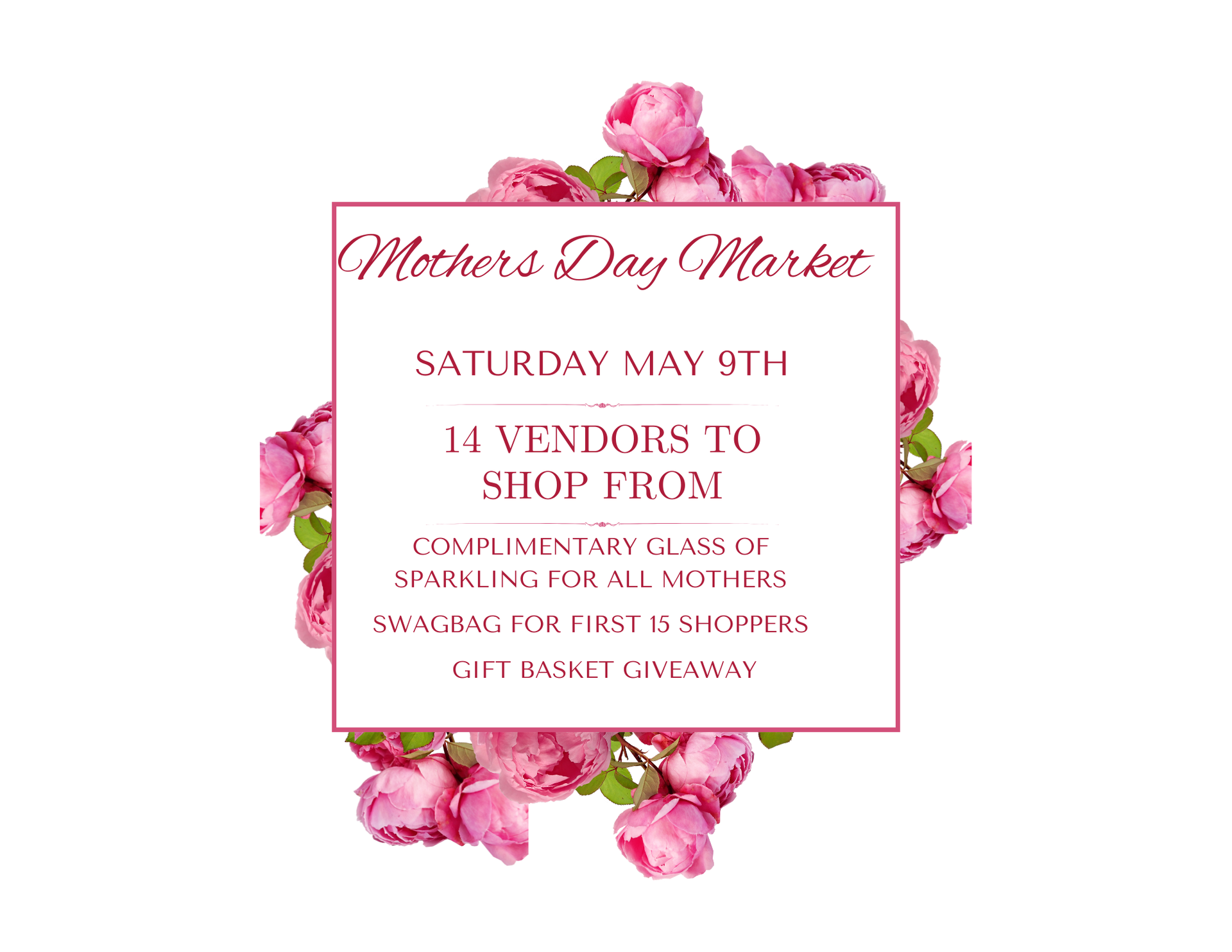 Mother’s Day Market flyer with pink flowers and event details on a white background