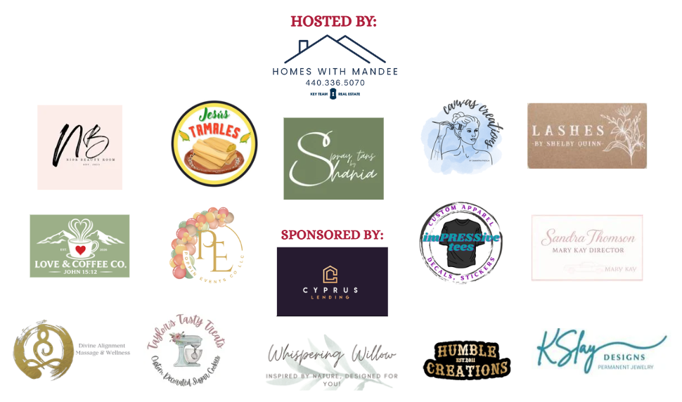 Collage of colorful event sponsor logos on a white background, with “Hosted by” at the top.