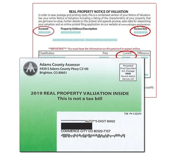 Mailing envelope for a 2019 real property valuation notice, with green and white sections and postal barcode.