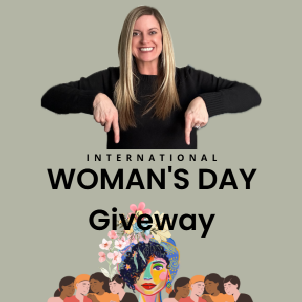 International Women’s Day giveaway poster with smiling woman and colorful portraits below