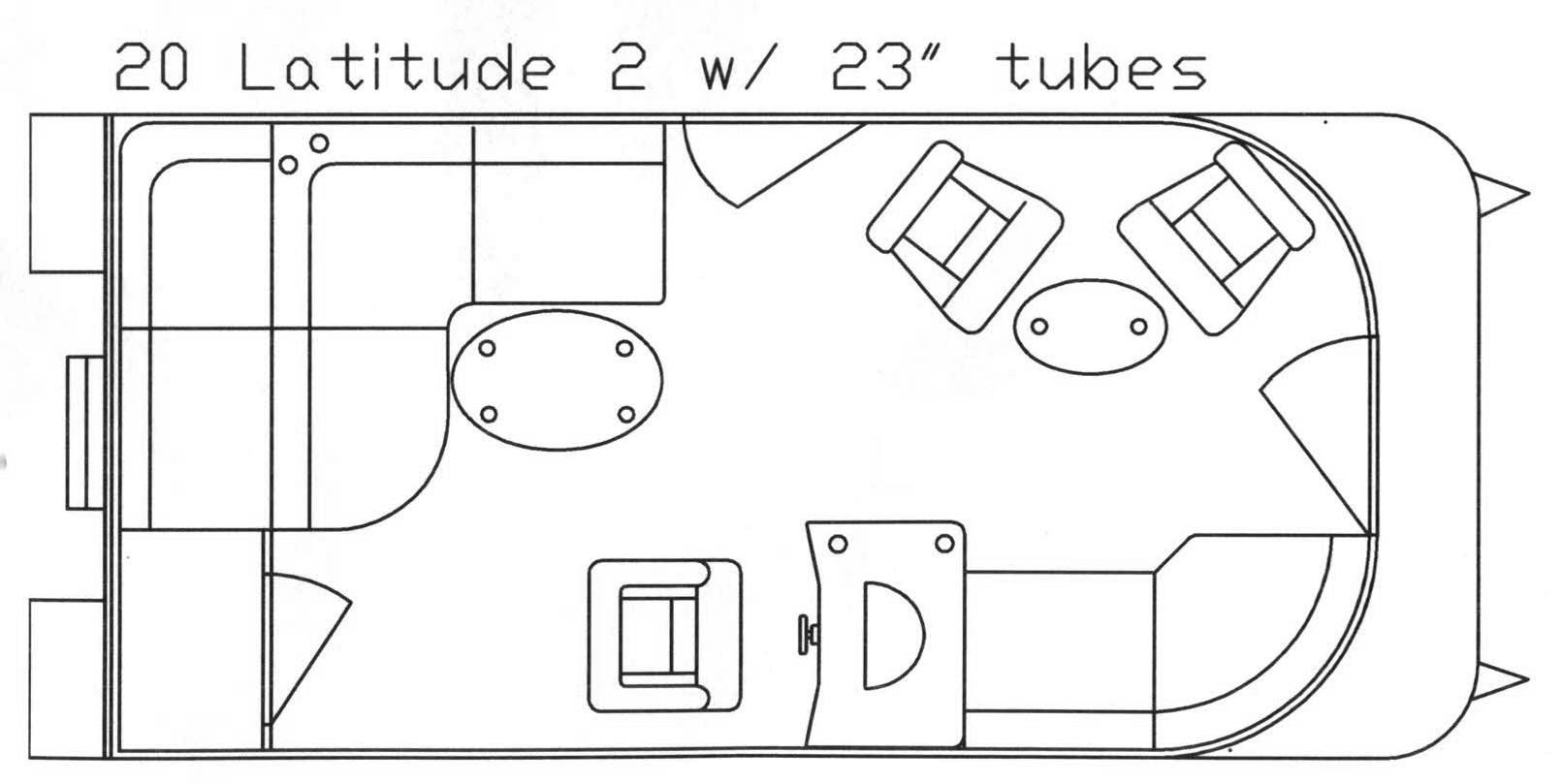 Overhead view of a pontoon boat layout; seating, tables, and a small bar/kitchen area.