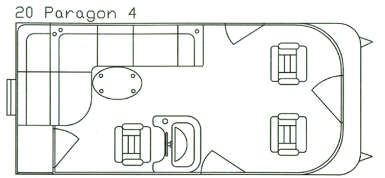 A top-down view of a boat interior, showing seating, a table, and a small countertop.
