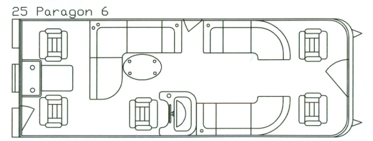 Top-down diagram of a vehicle interior with seating for six, plus a table, and a small office space.