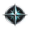 Metallic emblem of a compass rose in a turquoise glow, set in a silver circular frame.