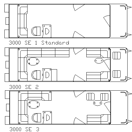 Three RV floor plans: 3000 SE 1 Standard, 3000 SE 2, and 3000 SE 3, showing furniture layouts.