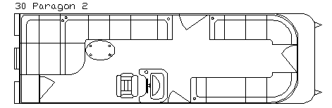 Floor plan of a bus interior, showing seating, tables, and a driver's area.