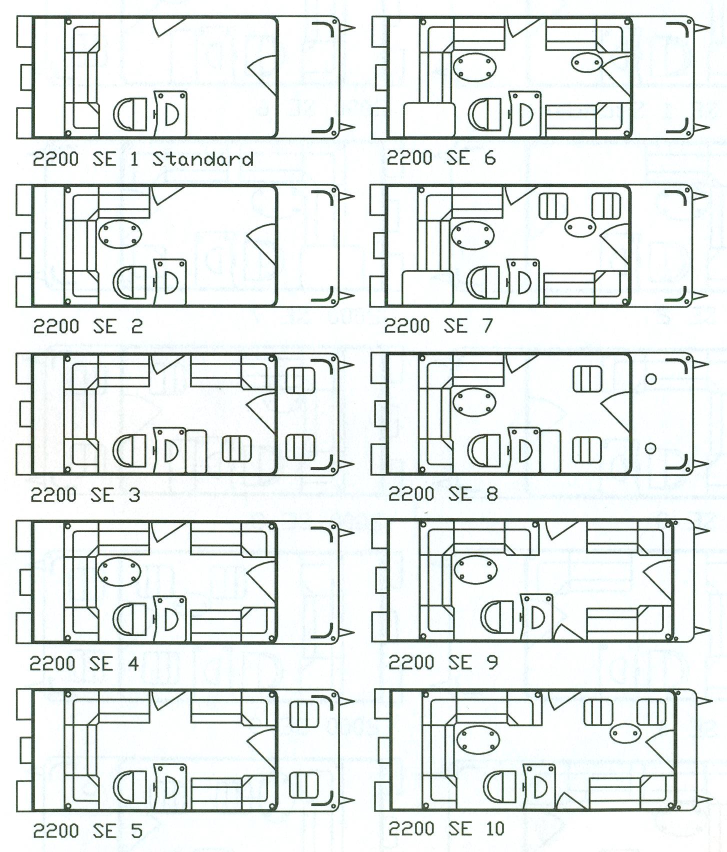 Floor plans of various RV models (2200 SE). Interior layouts with seating, tables, and doors.
