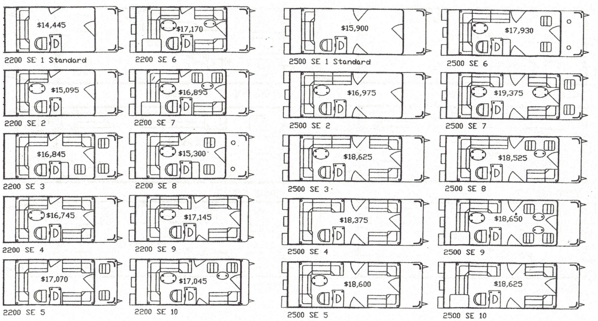 Three RV floor plans: 3000 SE 1 Standard, 3000 SE 2, and 3000 SE 3, showing furniture layouts.