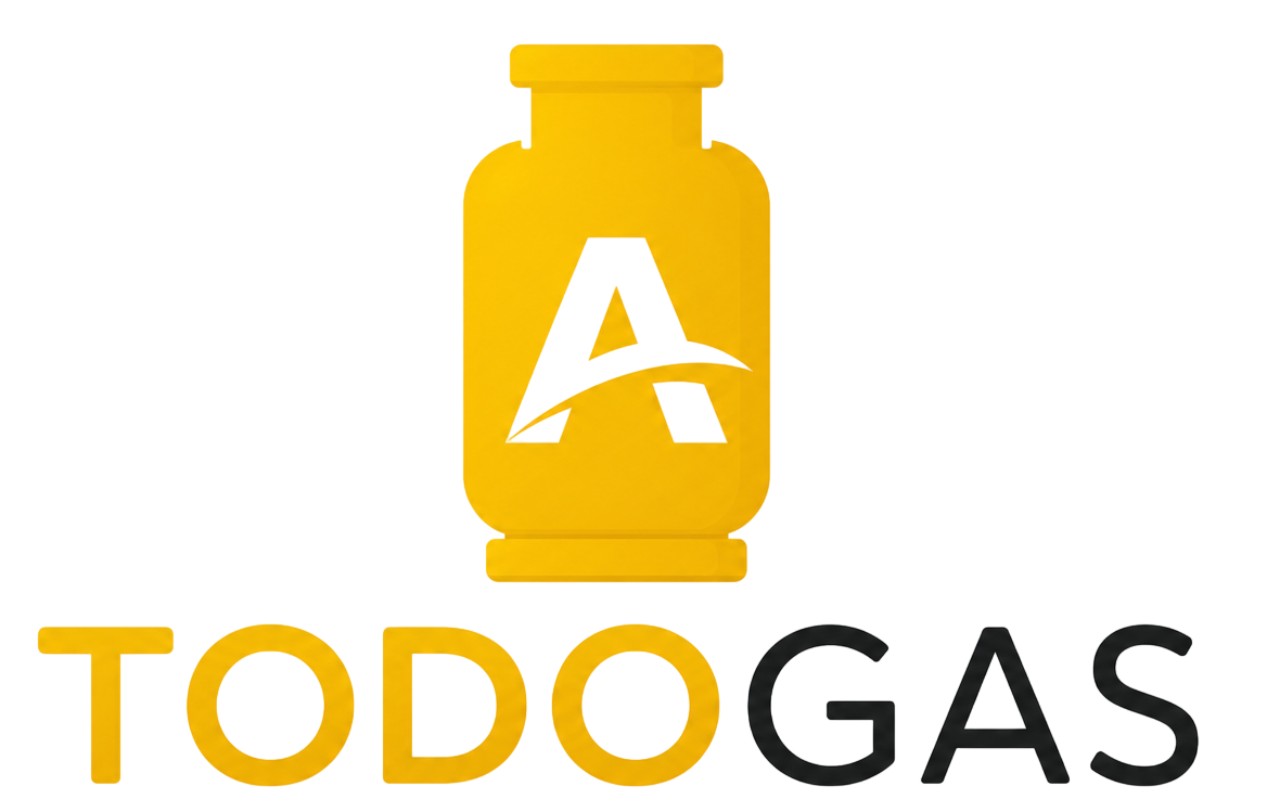 Logotipo de TODOGAS con un icono de una bombona de gas amarilla y texto negro y amarillo.