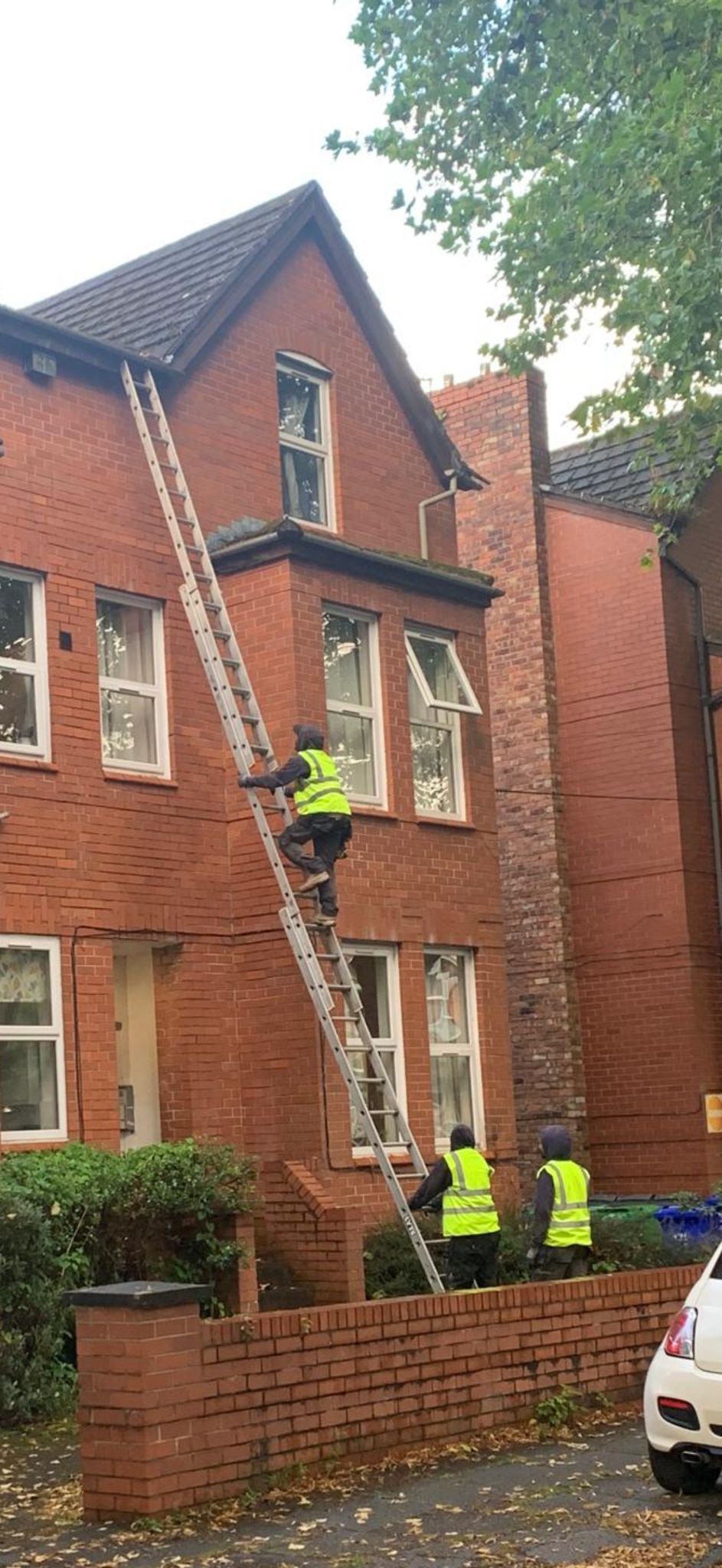 A man is standing on a ladder on the side of a brick building.