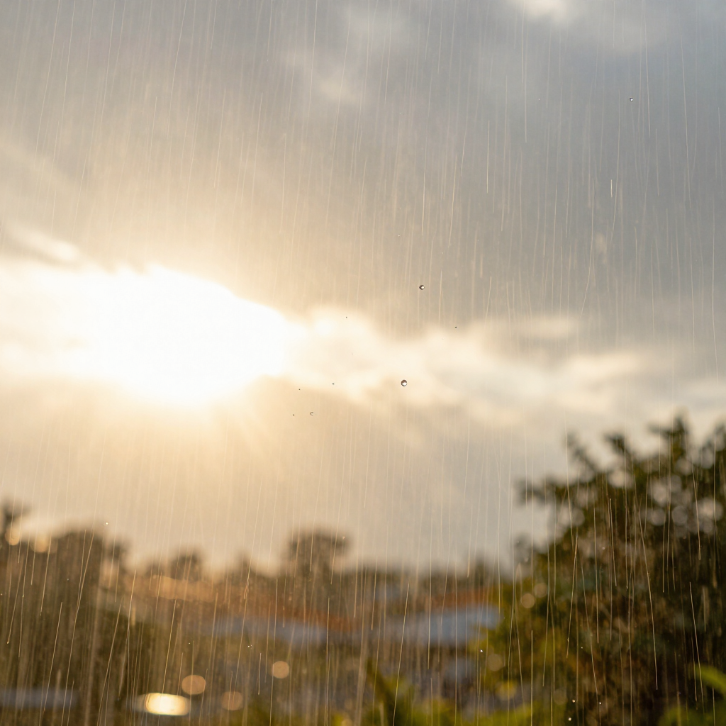 Rain falling over a bright sunset sky above a tree-lined landscape
