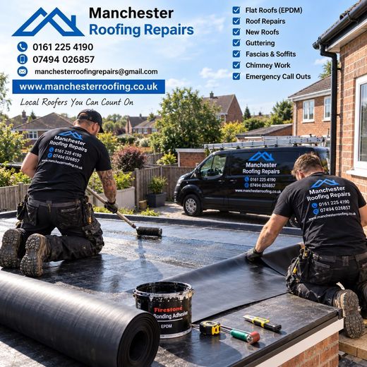 Roofing workers applying black waterproof membrane on a flat roof beside a Manchester Roofing Repairs van