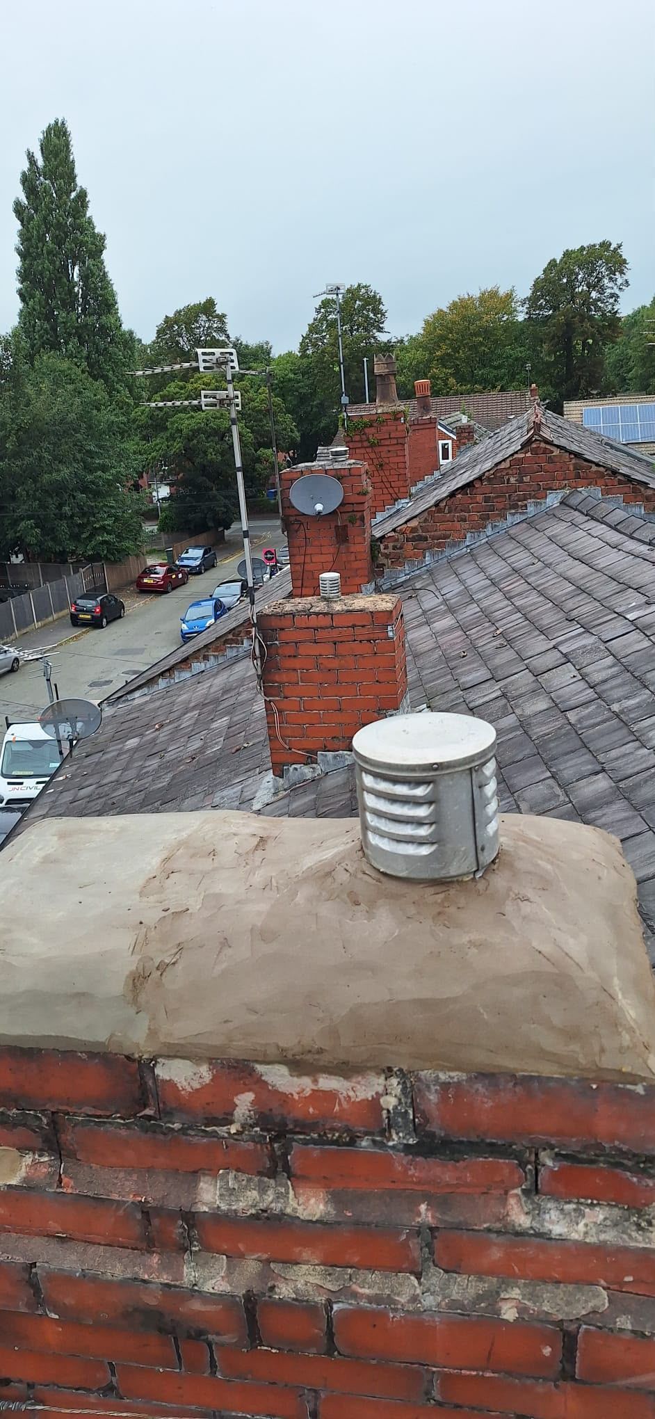 Rooftop view with brick parapet, metal vent, and tree-lined street under a cloudy sky