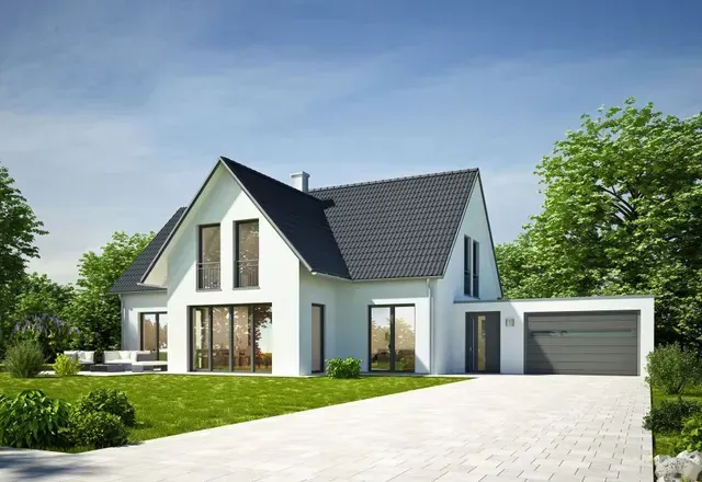 Maison moderne blanche aux grandes fen&ecirc;tres, avec une porte de garage grise &agrave; panneaux horizontaux et une toiture fonc&eacute;e