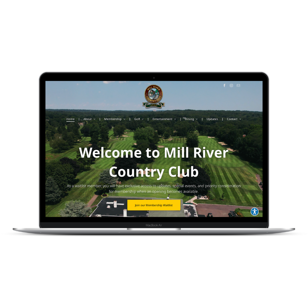 A laptop displaying a website for Mill River Country Club with an aerial view of a golf course.