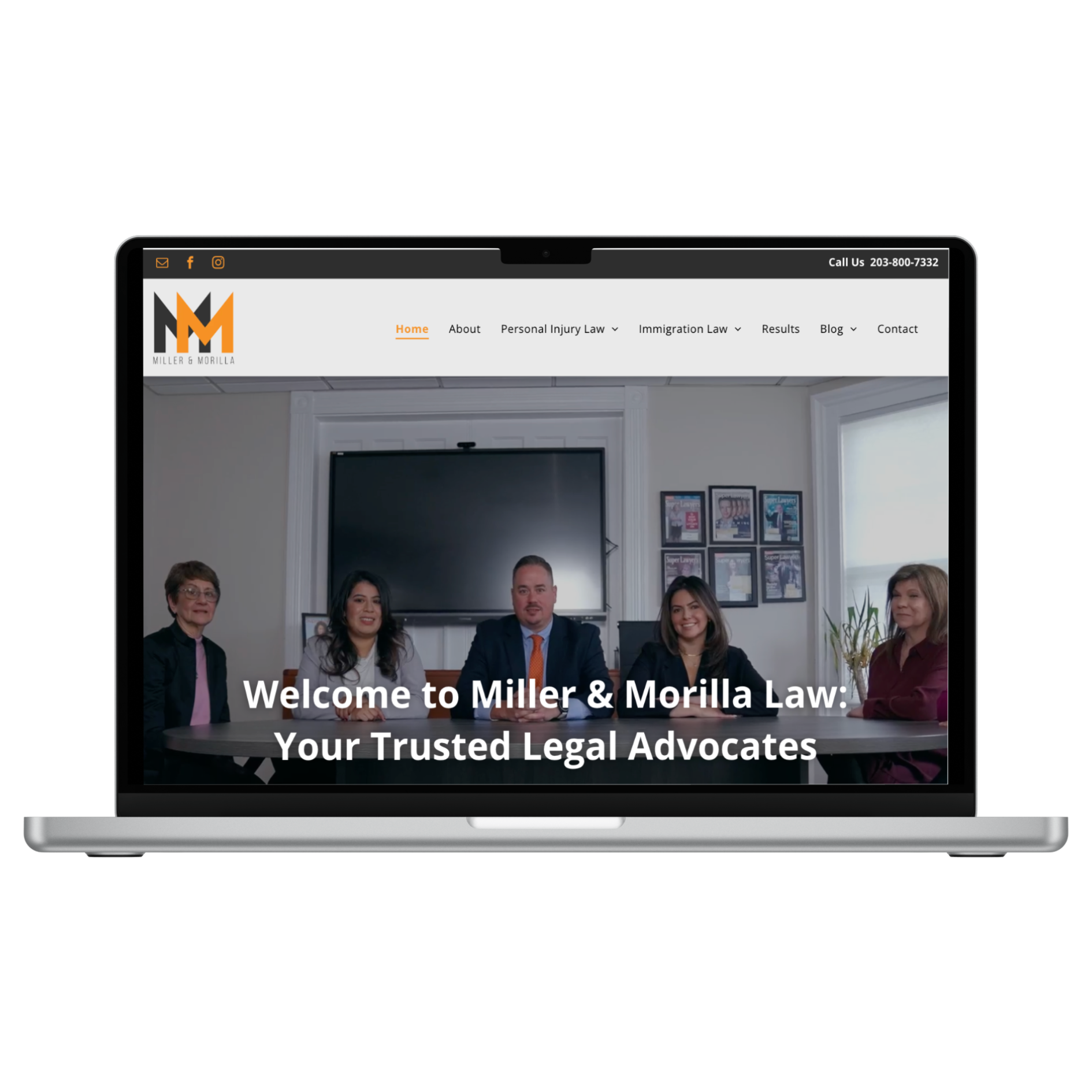 A laptop displaying the Miller & Morilla Law website home page featuring a group of five professionals at a conference table.