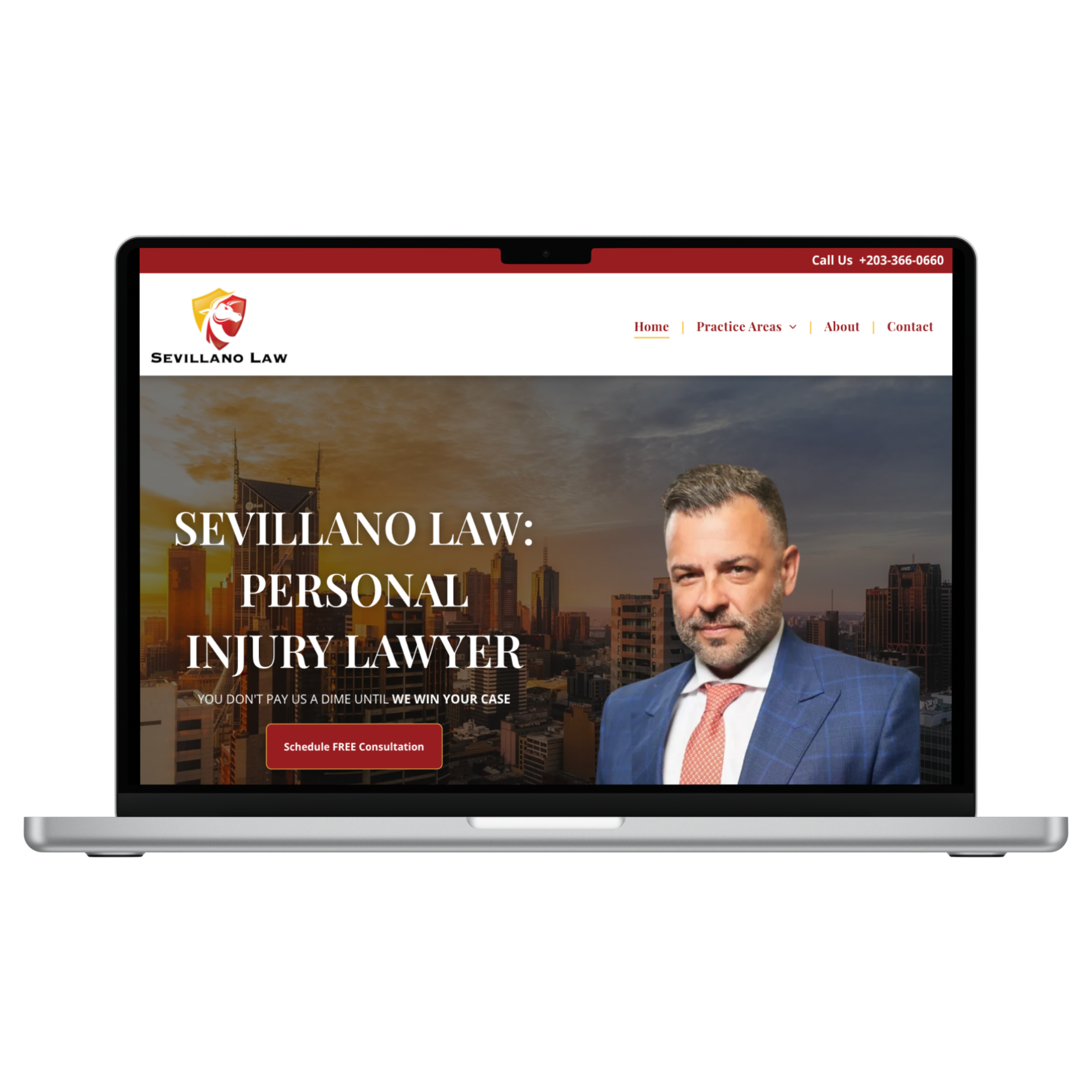 A laptop screen displaying the Sevillano Law website featuring a professional headshot and the text Personal Injury Lawyer.