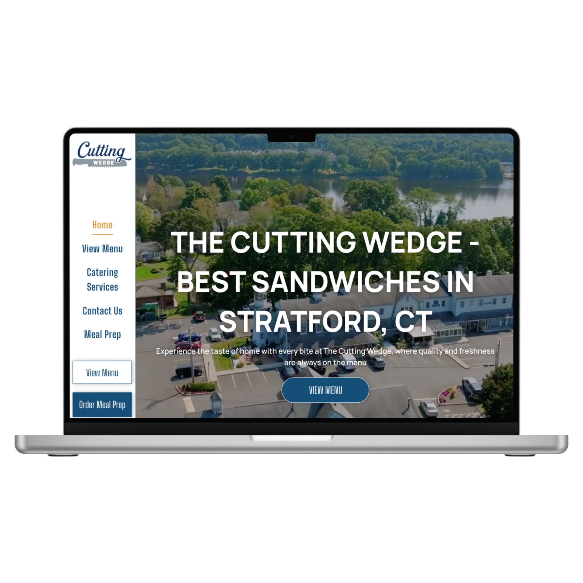 A laptop displaying the website for The Cutting Wedge, a sandwich shop in Stratford, CT, with an aerial view background.