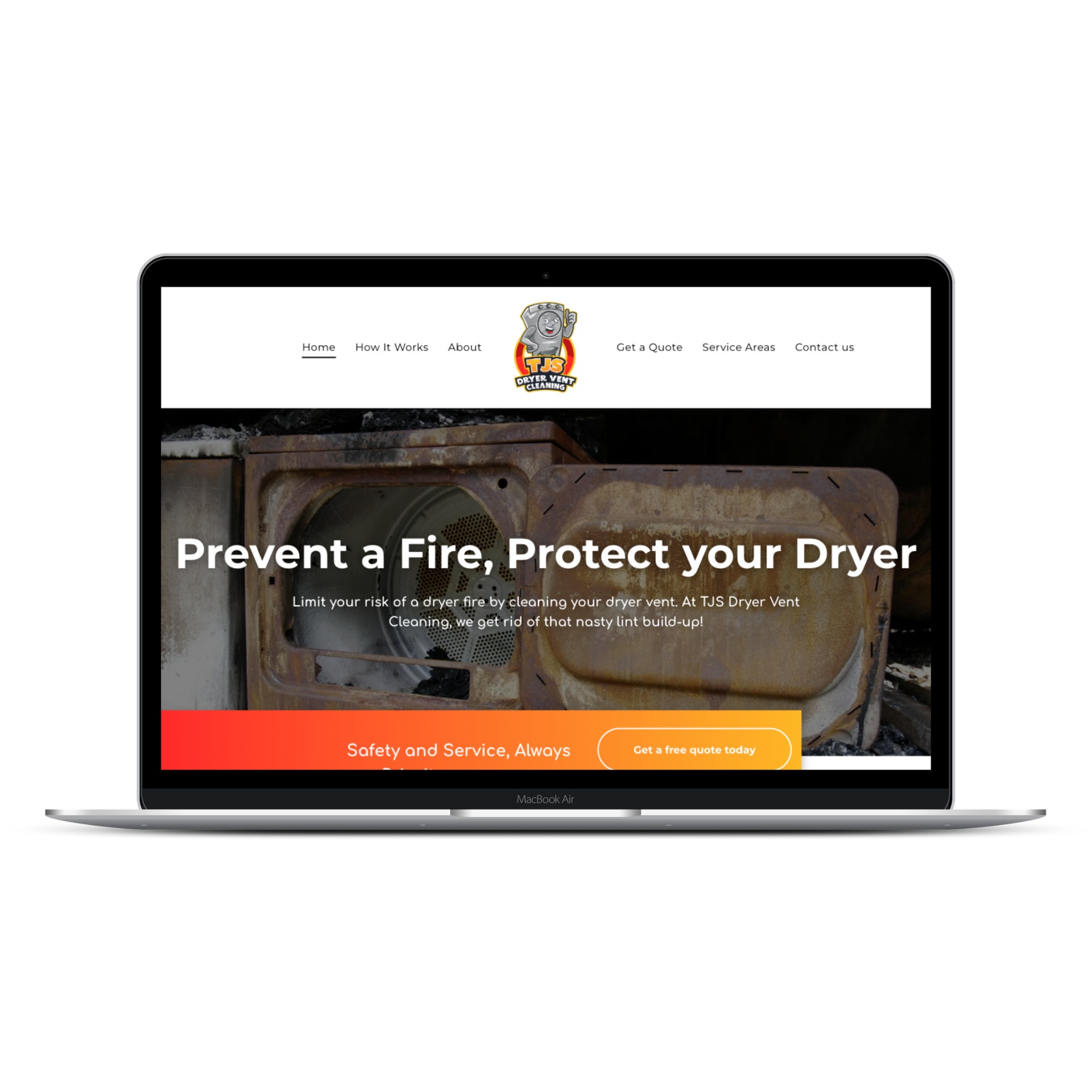 A laptop displays a dryer vent cleaning service website with the headline 