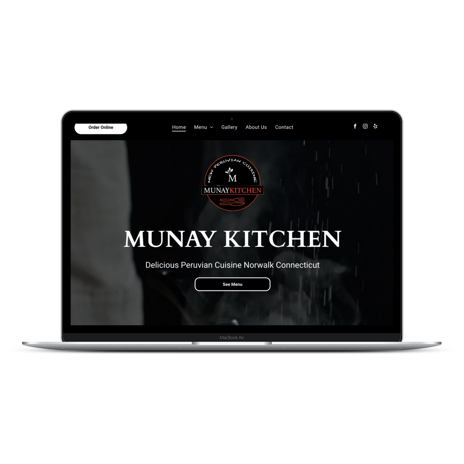 Laptop displaying the Munay Kitchen website homepage featuring a logo, business name, and menu button on a dark background.