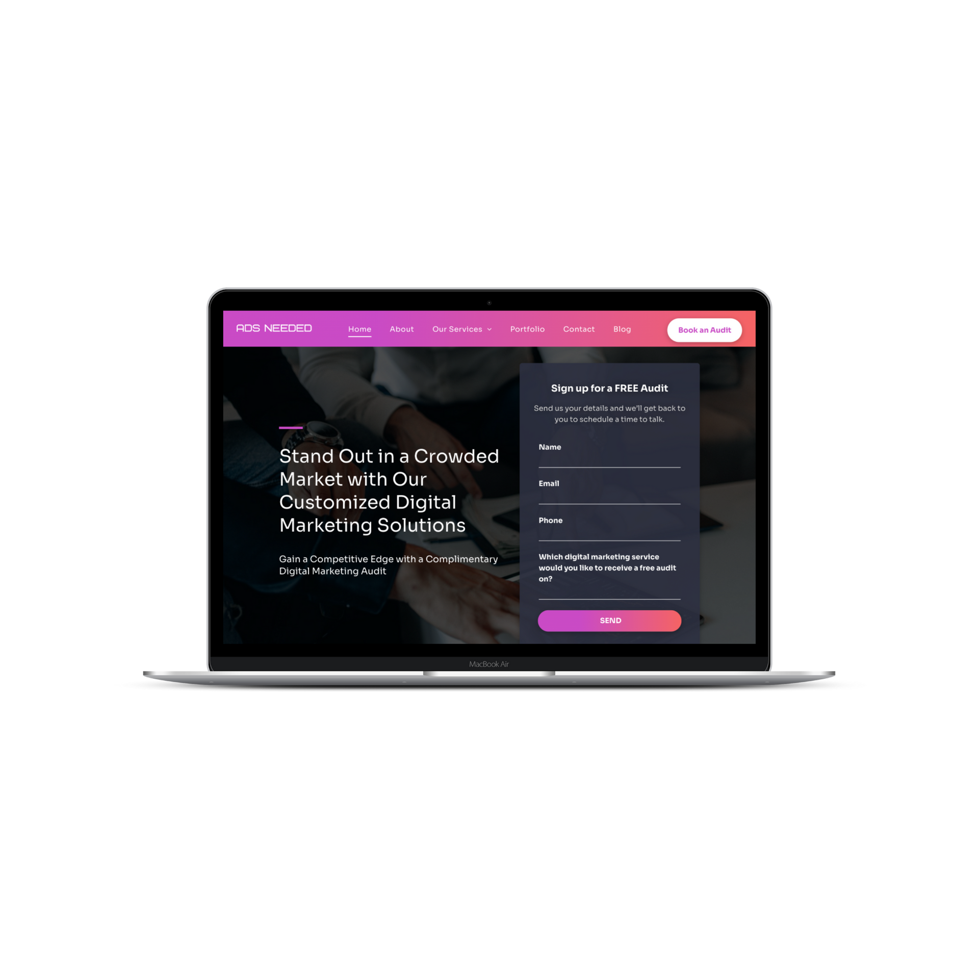 Picture of a laptop with Ads Needed Website Homepage in view