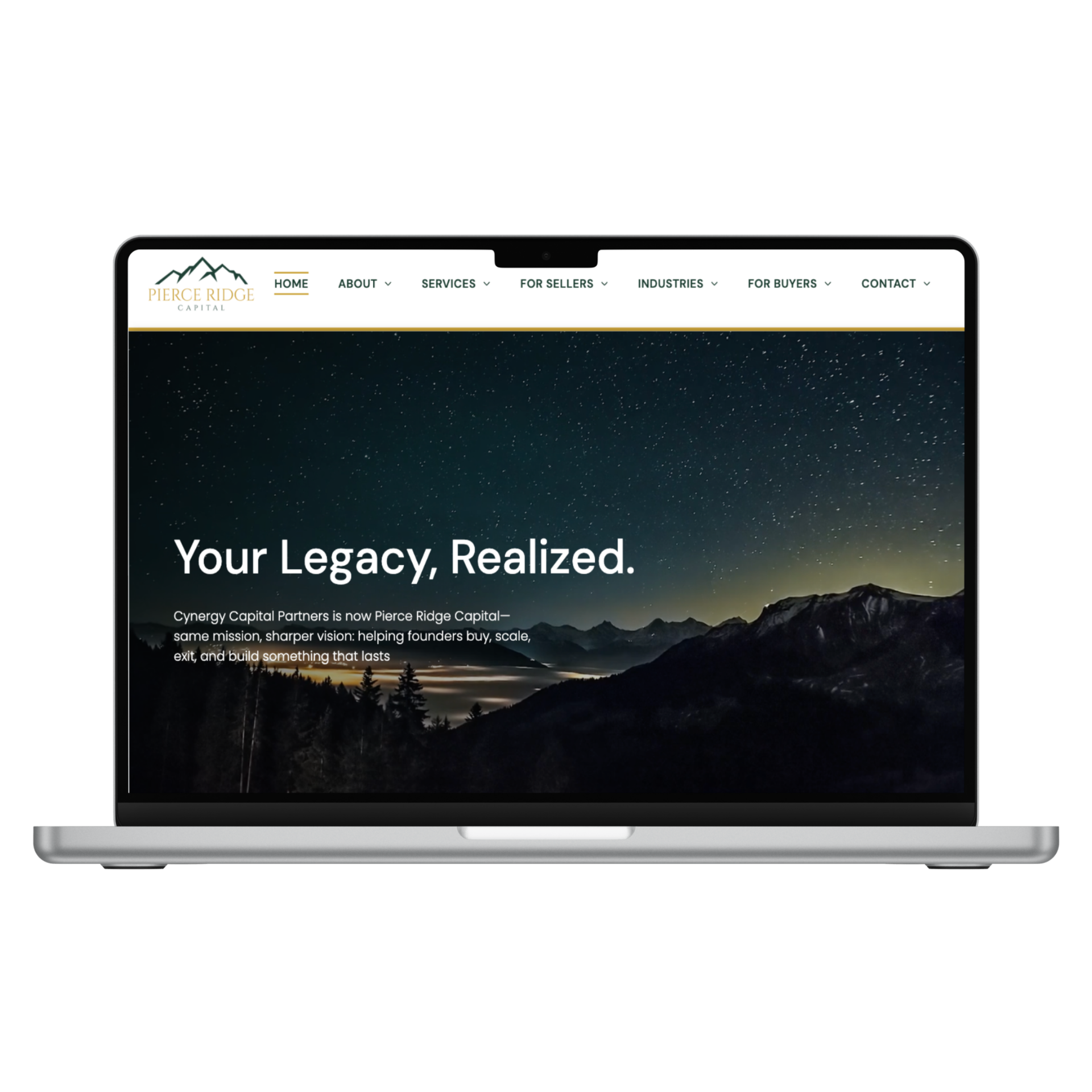 A laptop screen displaying a professional website with a mountain landscape background and the text 