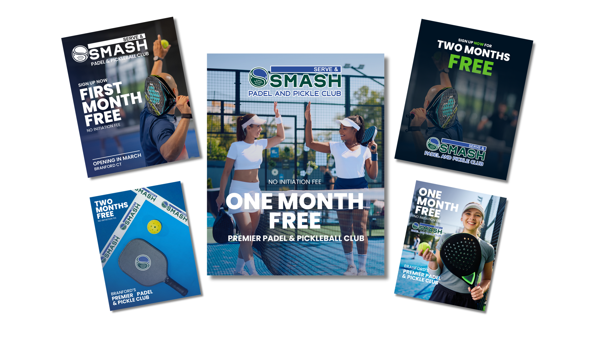 Five promotional flyers for Smash Pickleball featuring athletes on courts and various