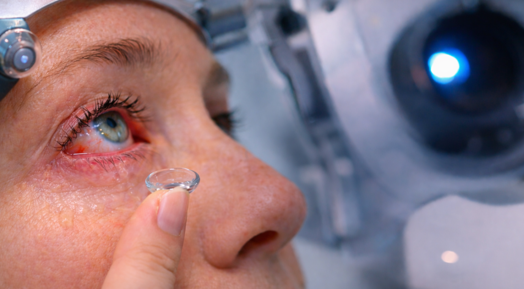 Woman inserting a contact lens while eye is examined with a medical instrument.