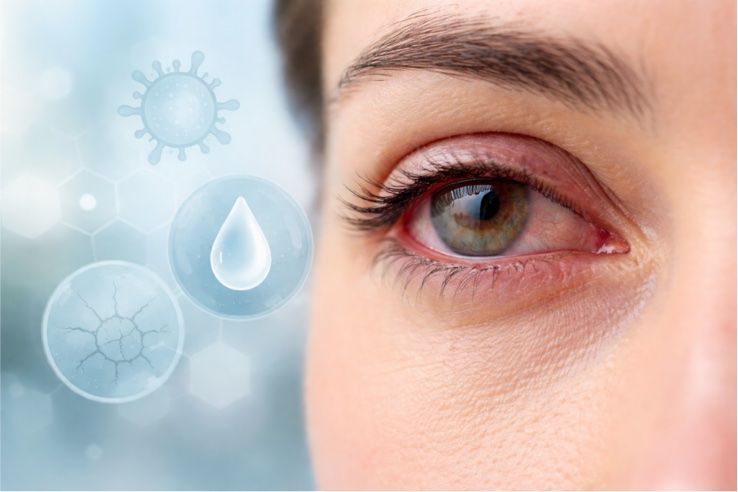 Close-up of a person's eye ; eye is red and inflamed.
