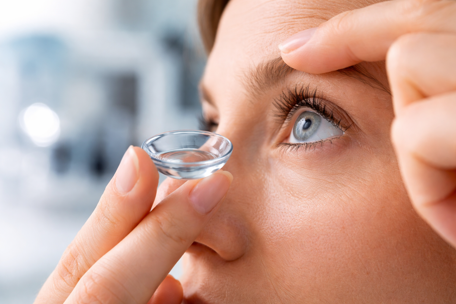 A person holding a clear contact lens on their fingertip, preparing to insert it into their eye.