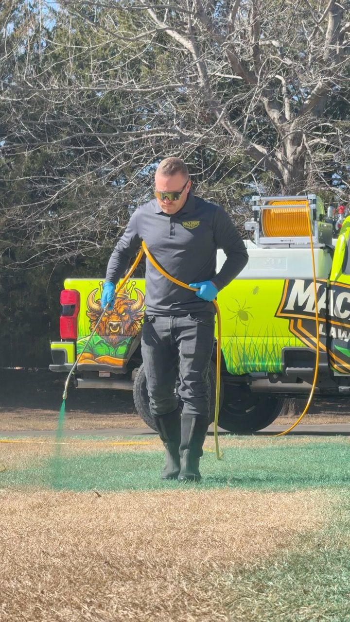 Man spraying lawn with yellow hose, truck with 