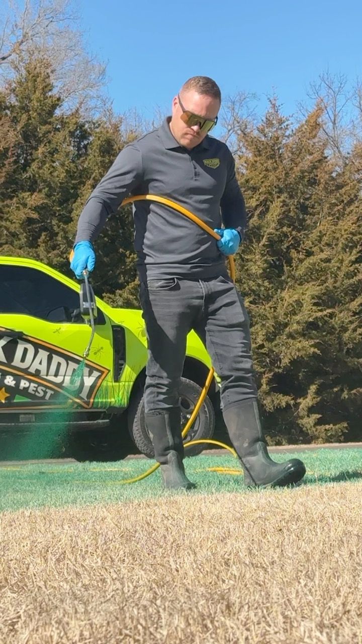 Man spraying lawn with hose near green truck labeled 
