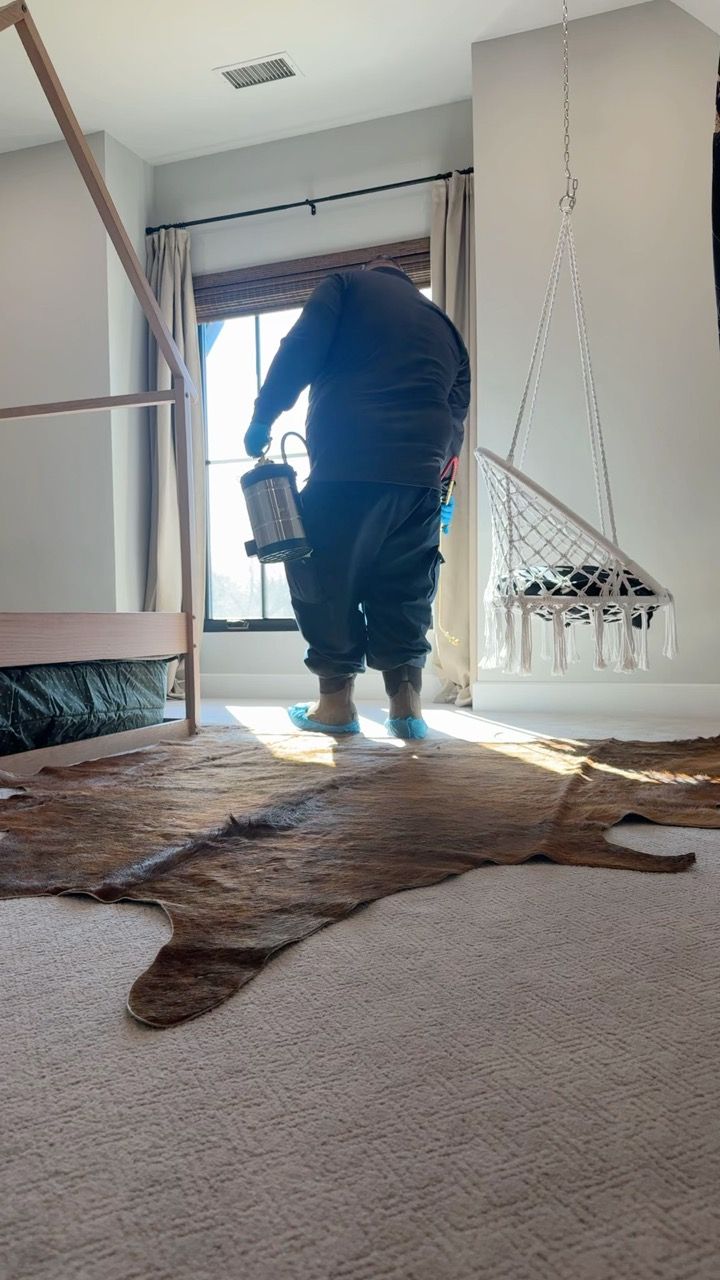 Person holding a lantern, standing in a bedroom with a cowhide rug and window.