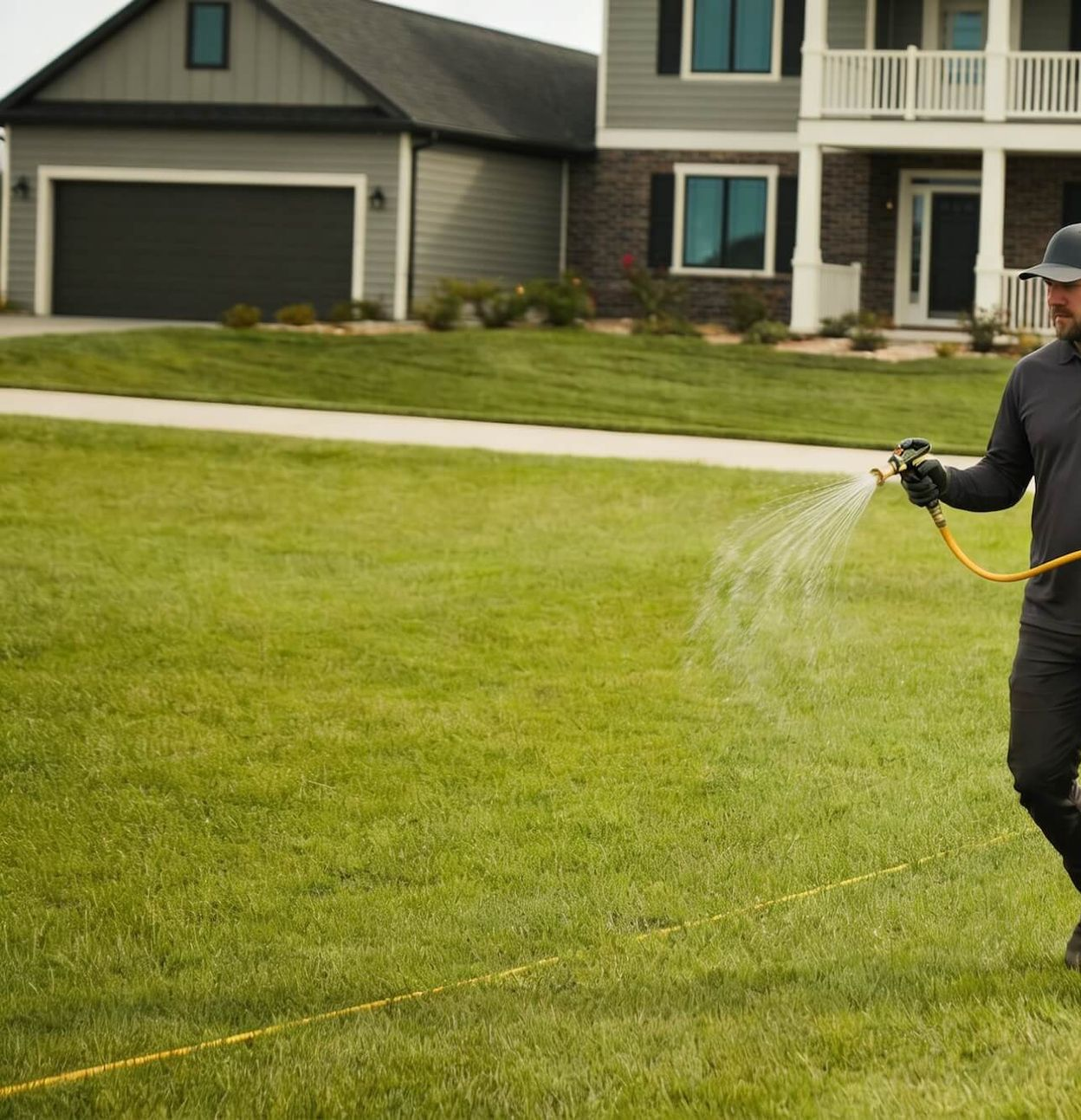Person spraying weed control solution on a green lawn in front of suburban houses