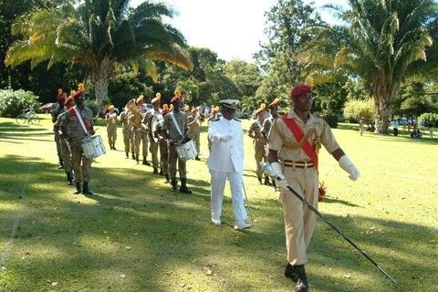 A group of men in military uniforms marching in a field