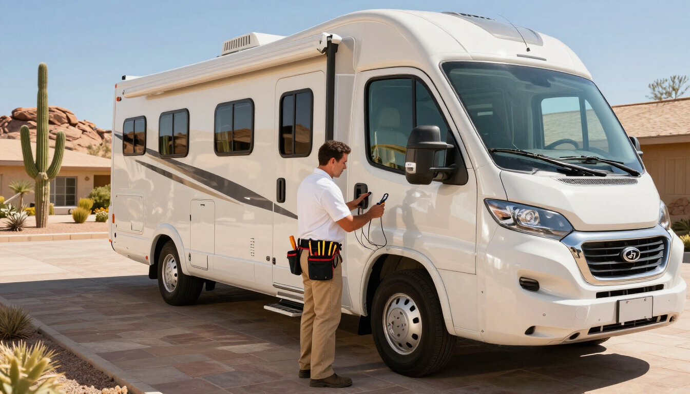 RV repair technician servicing a motorhome in Surprise, Arizona
