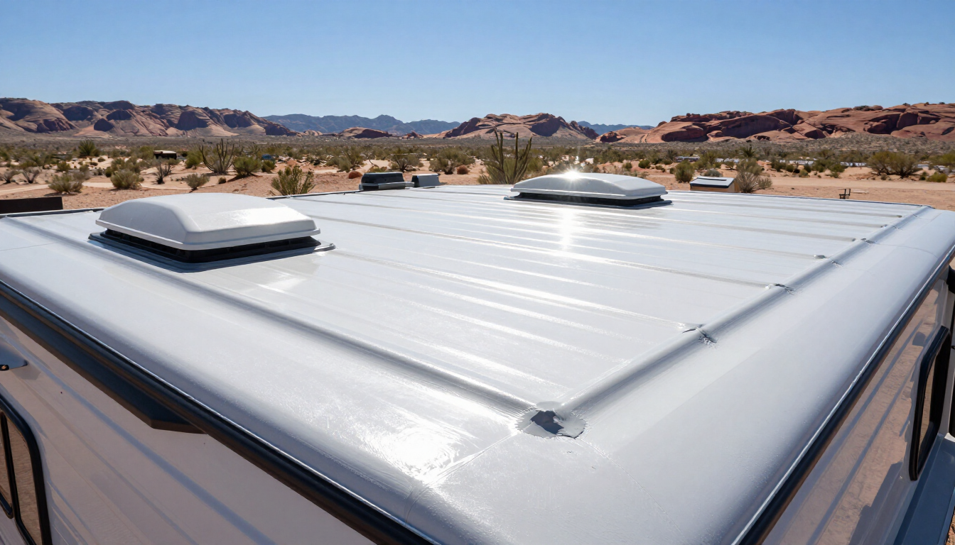 Photorealistic RV roof inspection with sealant tools in the Arizona desert