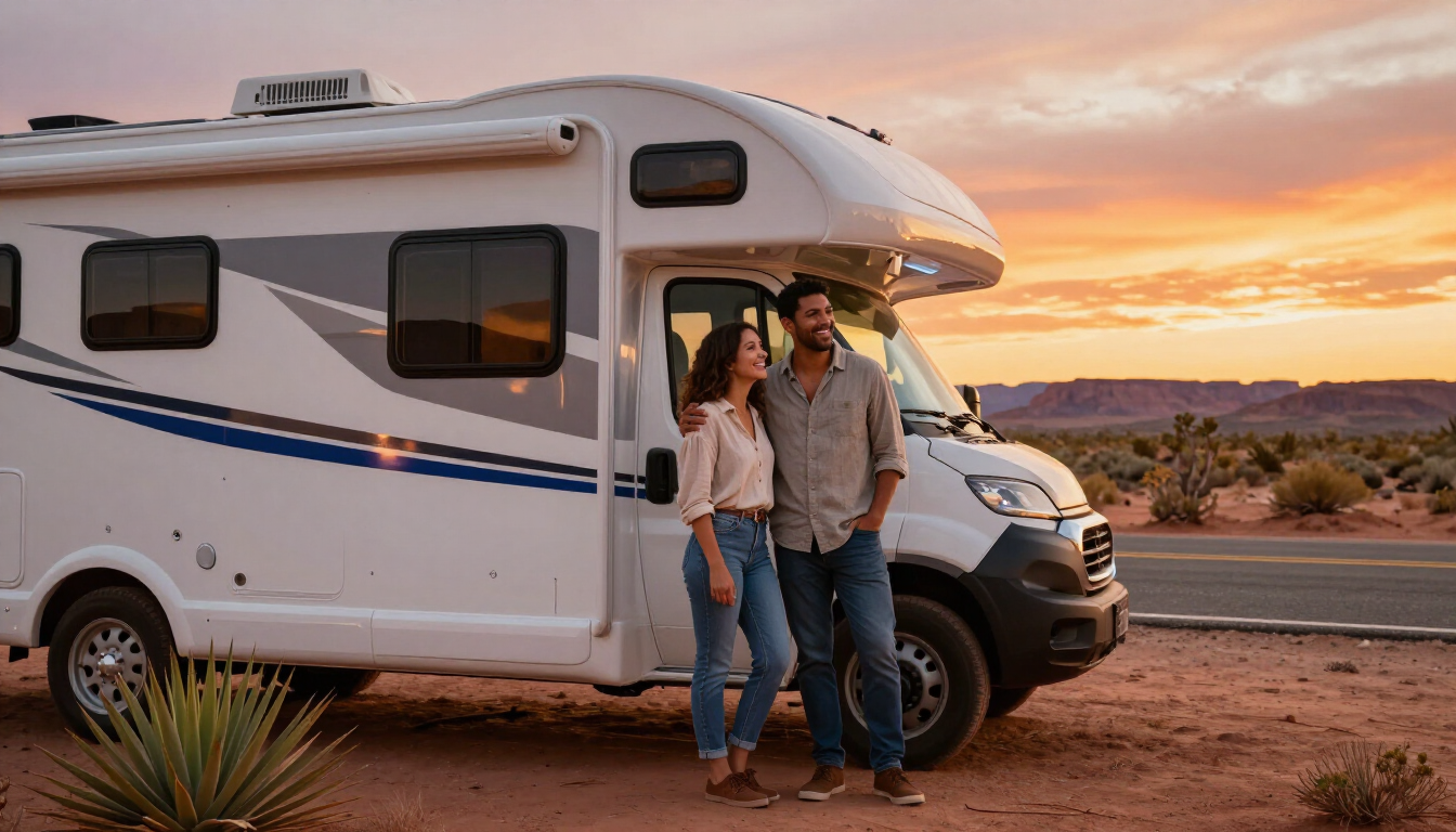 Photorealistic happy first-time RV owners preparing a serviced motorhome for a Southwest road trip
