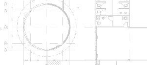 A black and white drawing of a building with a circle in the middle.