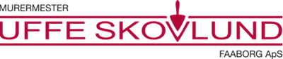 Logo for Uffe Skovlund, Mureremester, med et ikon af en murske. Mørkerød tekst på hvidt, med 