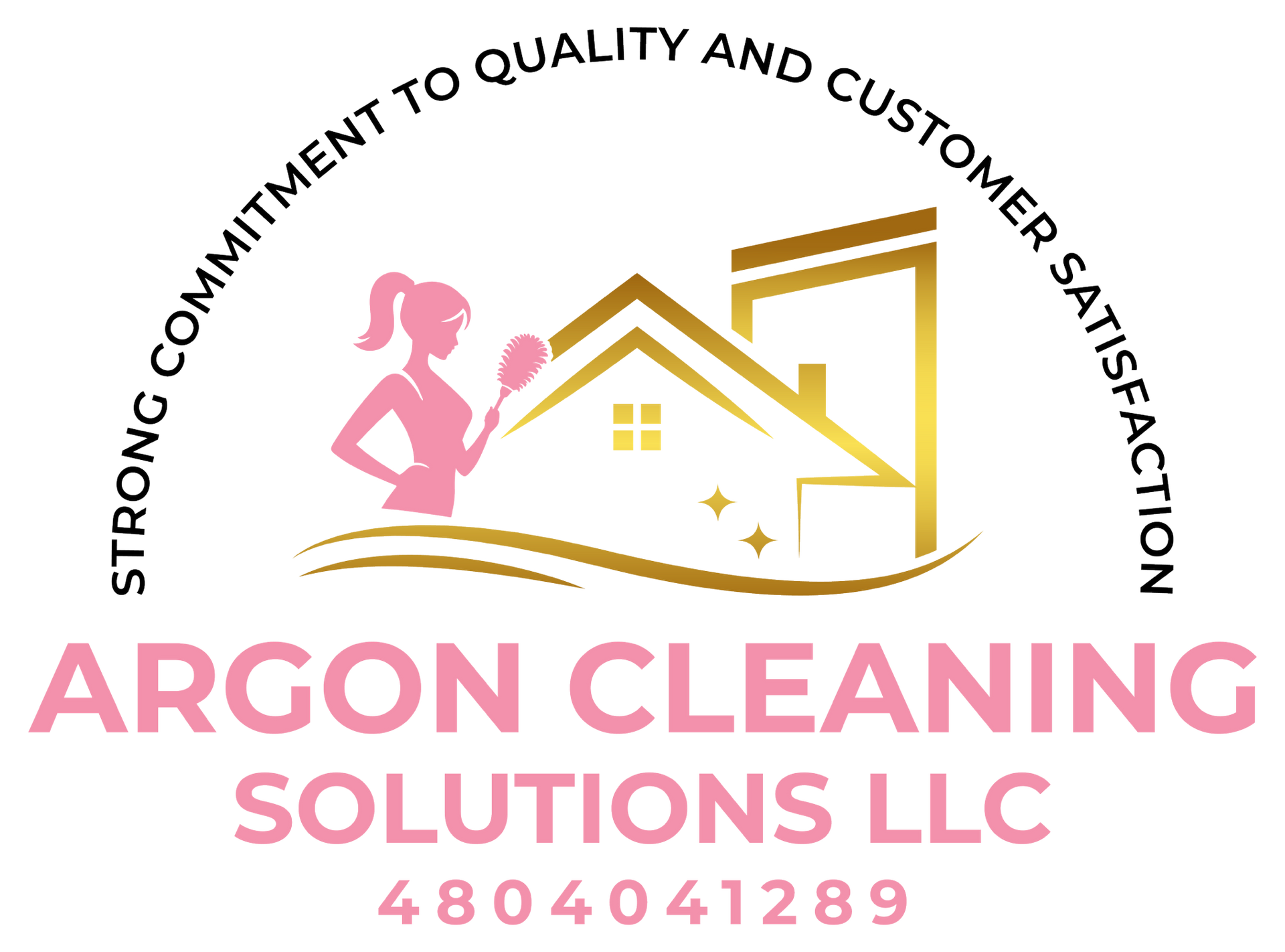 Argon Cleaning Solutions LLC logo with pink and gold house icon, cleaning figure, and phone number 480-404-1289
