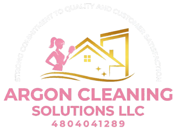 Argon Cleaning Solutions LLC logo with pink and gold house icon, cleaning figure, and phone number 480-404-1289