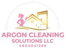 Argon Cleaning Solutions LLC logo with pink and gold house icon, cleaning figure, and phone number 480-404-1289