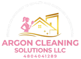 Argon Cleaning Solutions LLC logo with pink and gold house icon, cleaning figure, and phone number 480-404-1289