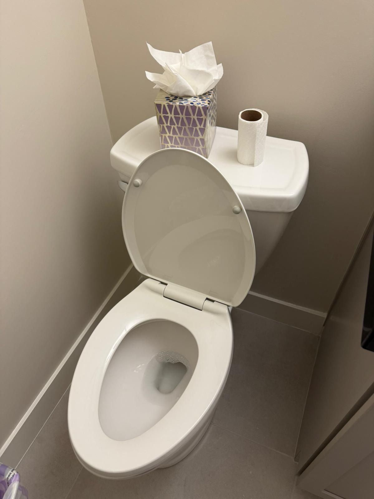 Small restroom toilet with lid up, toilet paper on tank, and a tissue basket on top.